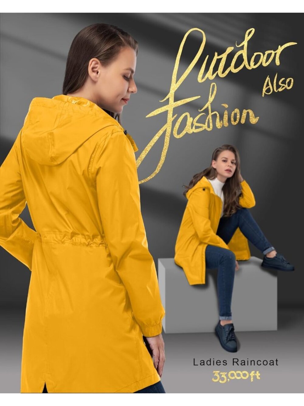 Women's Waterproof Long Packable Rain Jacket Amber Gold with Hood Trench Coats - Picture 2 of 6